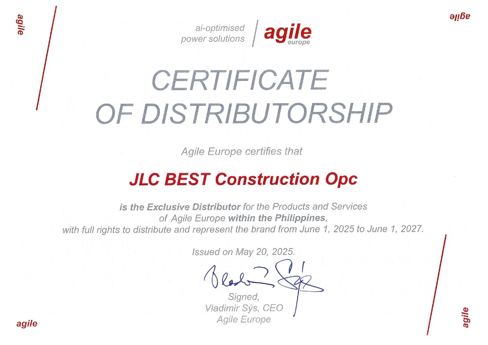 Agile Europe Certificate of Distributorship for JLC BEST Construction OPC