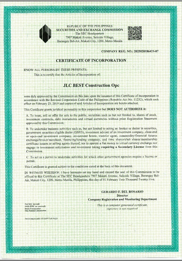 SEC Certificate of Incorporation for JLC BEST Construction OPC