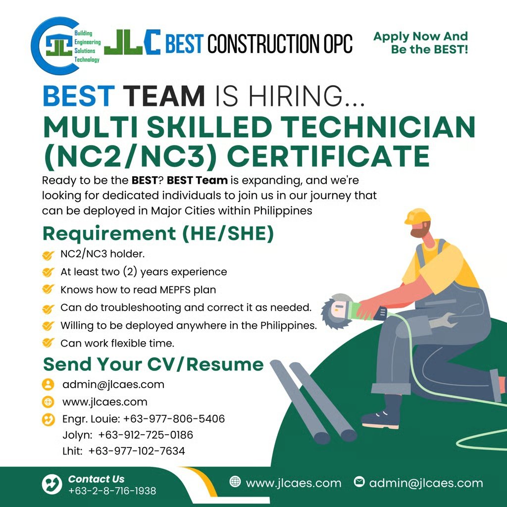 JLC BEST hiring Multi-Skilled Technician NC2 NC3